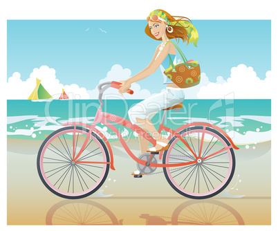 Girl ride bike beside beach