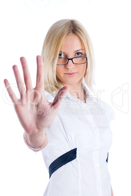 Young woman showing "stop!"