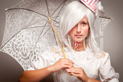 Pretty White Haired Woman with Parasol