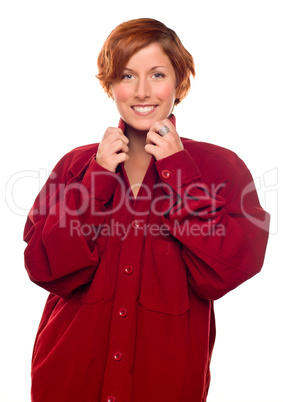 Pretty Red Haired Girl Wearing a Warm Red Corduroy Shirt