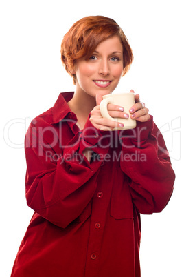 Pretty Red Haired Girl with Hot Drink Mug Isolated