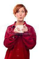 Pretty Red Haired Girl with Hot Drink Mug Isolated