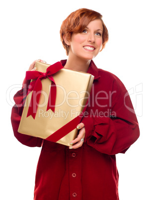 Pretty Red Haired Girl with Wrapped Gift Isolated