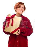 Pretty Red Haired Girl with Wrapped Gift Isolated