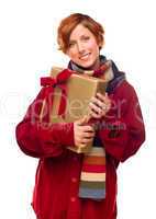 Pretty Red Haired Girl with Scarf Holding Wrapped Gift