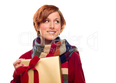 Pretty Girl with Gift Looking to the Side Isolated
