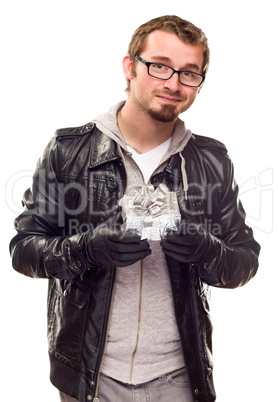 Warmly Dressed Handsome Young Man with Gift