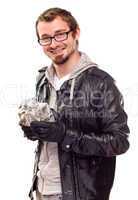 Warmly Dressed Handsome Young Man with Gift