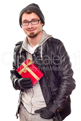 Warmly Dressed Handsome Young Adult Holding Gift