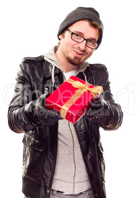 Warmly Dressed Young Man Handing Wrapped Gift Out