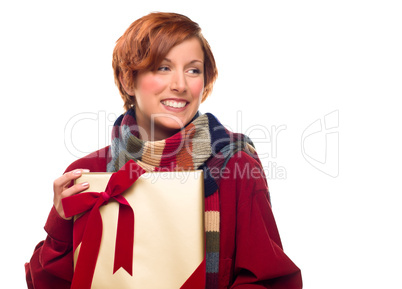 Pretty Girl with Gift Looking to the Side Isolated