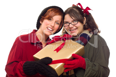 Two Pretty Girlfriends Holding A Holiday Gift