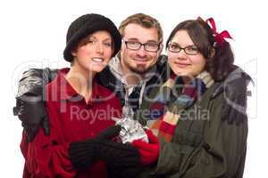 Three Friends Holding A Holiday Gift Isolated