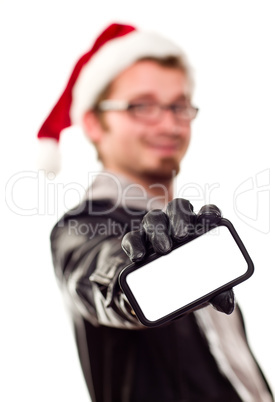 Man with Santa Hat Holding Out Blank Cell Phone