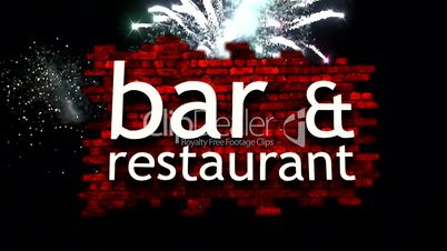 Fireworks explode behind bar, restaurant sign