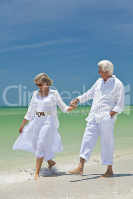 Happy Senior Couple Walking Holding Hands on A Tropical Beach