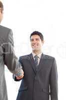 Delighted businessmen shaking their hands after a meeting
