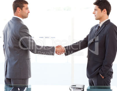 Serious businessmen shaking their hands after a meeting