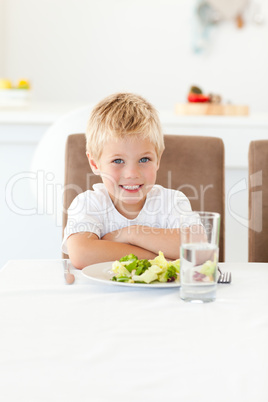 Cute little boy ready to eat his salad for lunch sitting at a ta