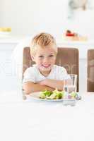 Cute little boy ready to eat his salad for lunch sitting at a ta