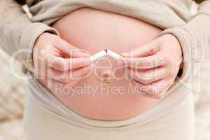 Close up of an attentive pregnant woman breaking a cigarette