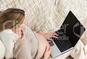 Top view of a future mom using her laptop on the sofa