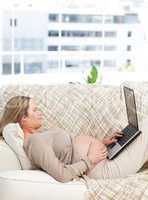 Relaxed pregnant woman using her laptop on the sofa