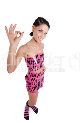 Girl in pink tape dress