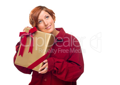 Pretty Red Haired Girl with Wrapped Gift Isolated