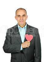 Man with paper heart on white background