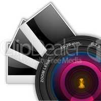camera lens with photographs