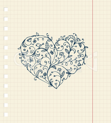 Sketch of floral heart ornament on notebook sheet