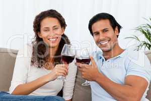 Portrait of a couple clinking glasses of red wine on the sofa