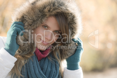 Winter fashion - woman with fur hood