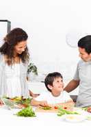 Happy family cutting vegetables together in the kitchen