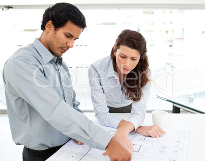 Two serious architects looking at blueprints on a table
