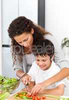 Attentive mother helping her son to cut vegetables