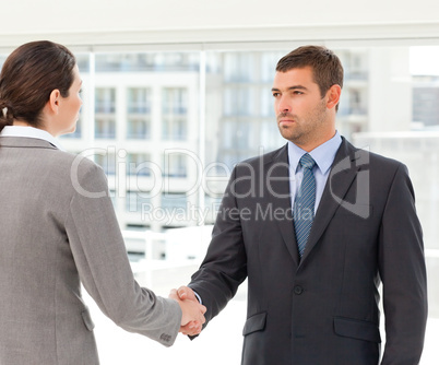 Two charismatic businesspeople shaking their hands
