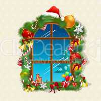 christmas card with gifts on window