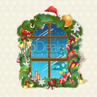 christmas card with gifts on window
