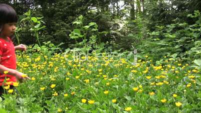 Little Asian Girl Picking Yellow Flowers 2