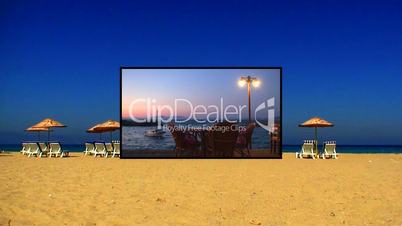 Sunloungers on a sandy beach with clear blue sky montage 7