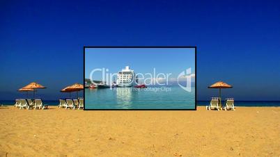 Sunloungers on a sandy beach with clear blue sky montage 8