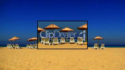 Sunloungers on a sandy beach with clear blue sky montage 1