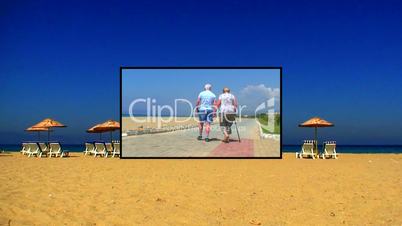 Sunloungers on a sandy beach with clear blue sky montage 9