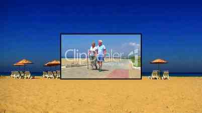 Sunloungers on a sandy beach with clear blue sky montage 10