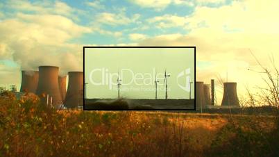 Alternative energy montage showing coal fired power station with wind turbines in overlay