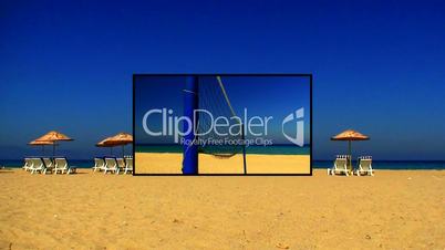 Sunloungers on a sandy beach with clear blue sky montage 2