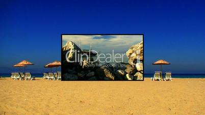 Sunloungers on a sandy beach with clear blue sky montage 3