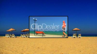 Sunloungers on a sandy beach with clear blue sky montage 4